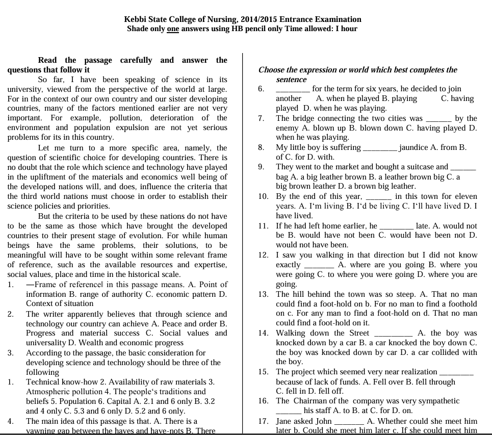 Sample of Kebbi State College of Nursing Science Past Questions