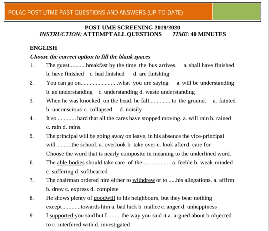 POLAC Post UTME Past Questions and Answers PDF Download 2026 Updated 